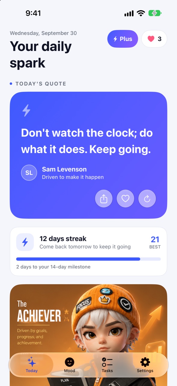 Today screen with the daily quote and a 12-day streak