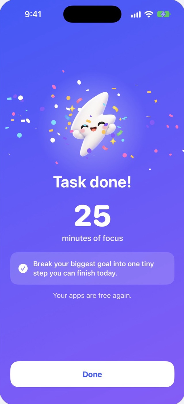 Task done: Sparky celebrates 25 minutes of focus