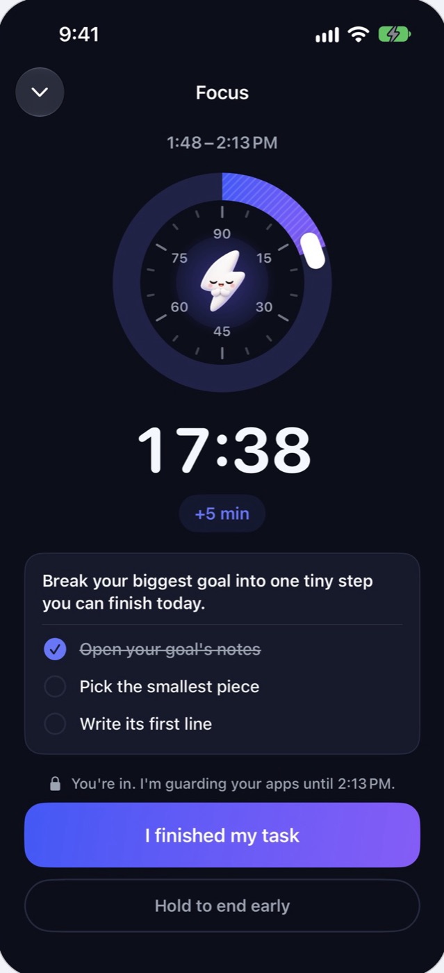 A focus session with three tiny steps under the timer